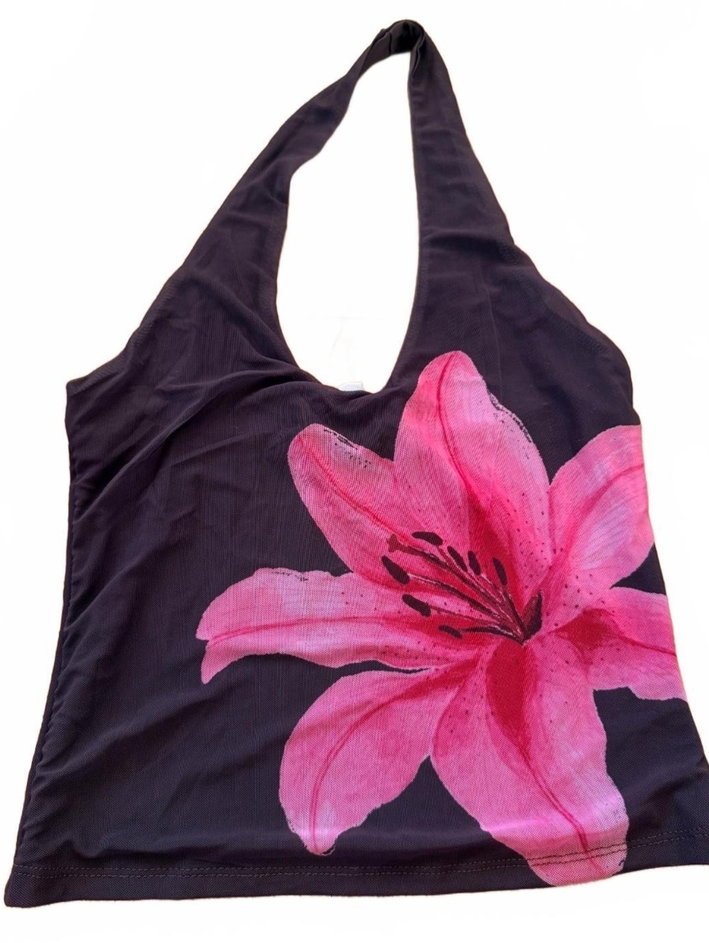 BNWT Pink Rose Brown Pink Lily Mesh Halter Crop Top Size Medium Y2K